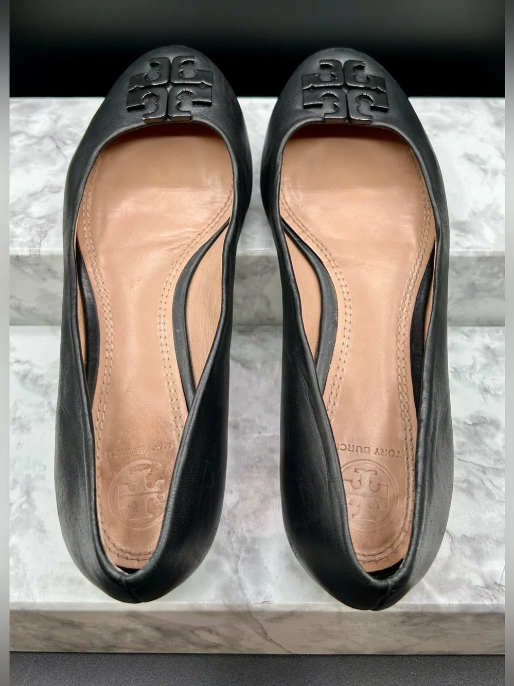 Tory Burch Black Leather Logo Ballet Flats